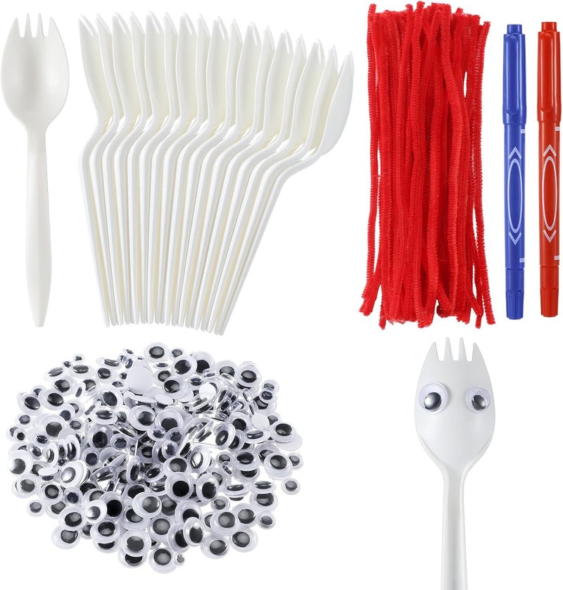 Relaxgiant 50 Set Fork Craft Kit DIY Disposable Creativity Sporks Red Pipe Cleaners Self Adhesive Wiggle Googly Eyes Make Your Own Craft Kit - Image 1